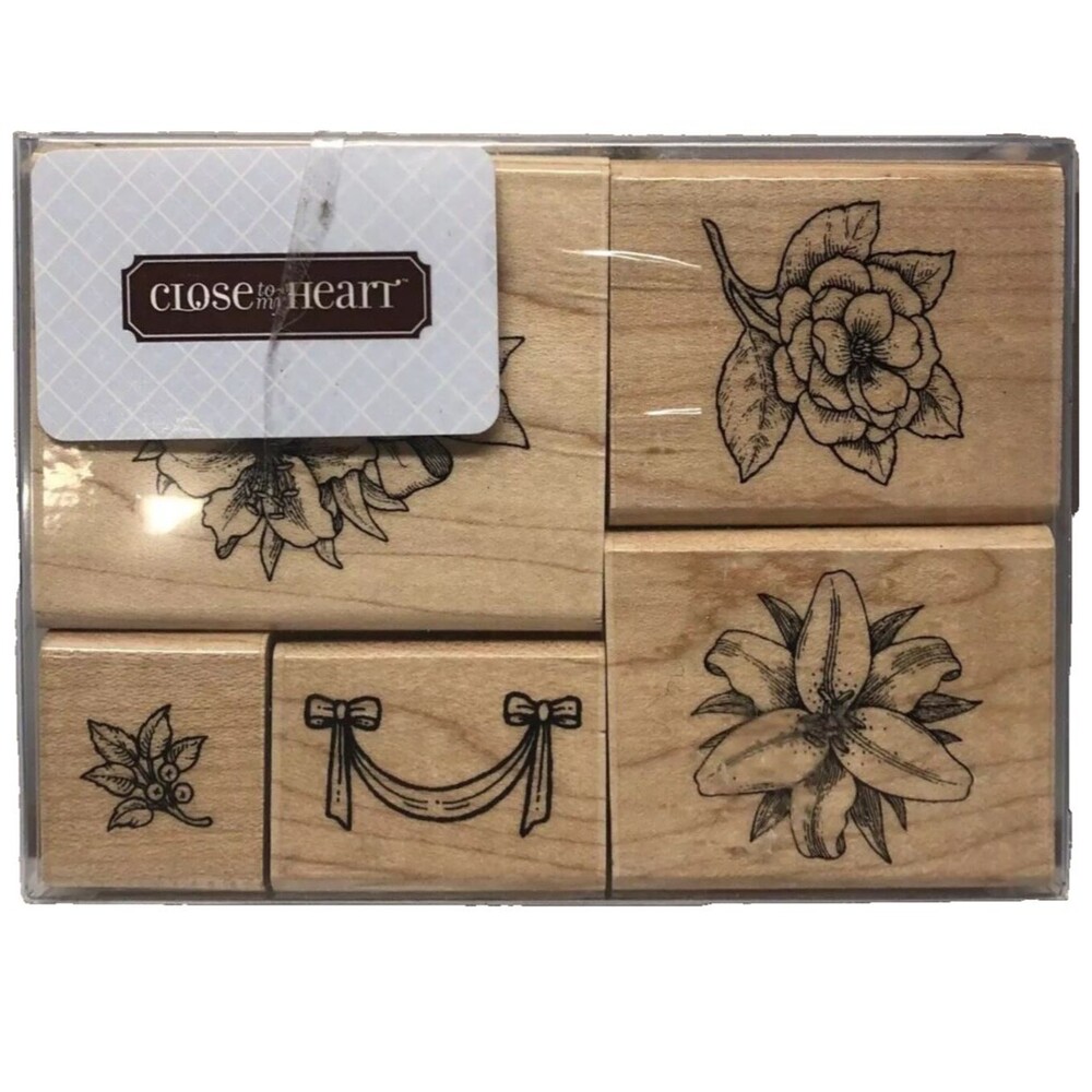 Close To My Heart Floral Rubber Stamp Set 5pc Lily Rose Ribbon Bow Berries Wood